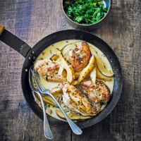Pheasant breasts with whisky & tarragon pears